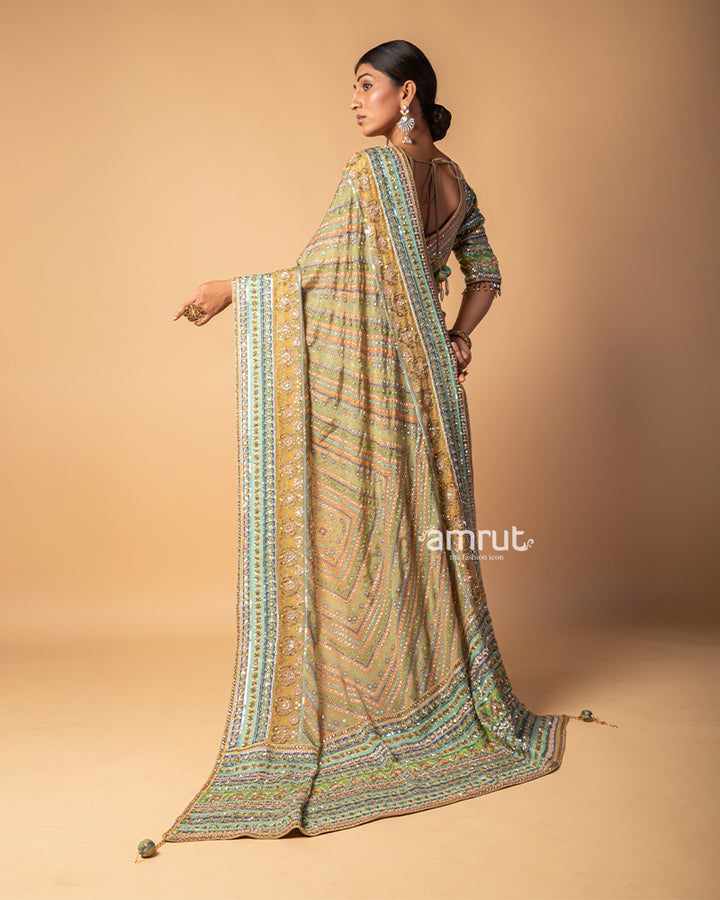 Olive Green Stripe Line Hand Embroidered Silk Saree With Stiched Blouse