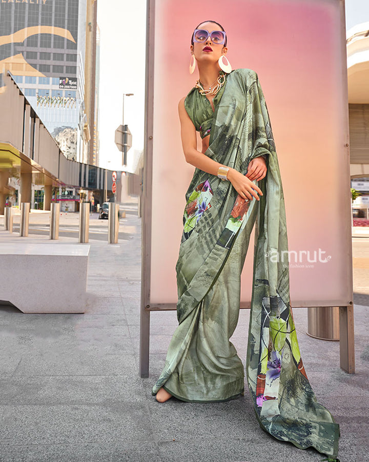 Olive Green Digital Print Satin Saree with Unstitched Blouse 01