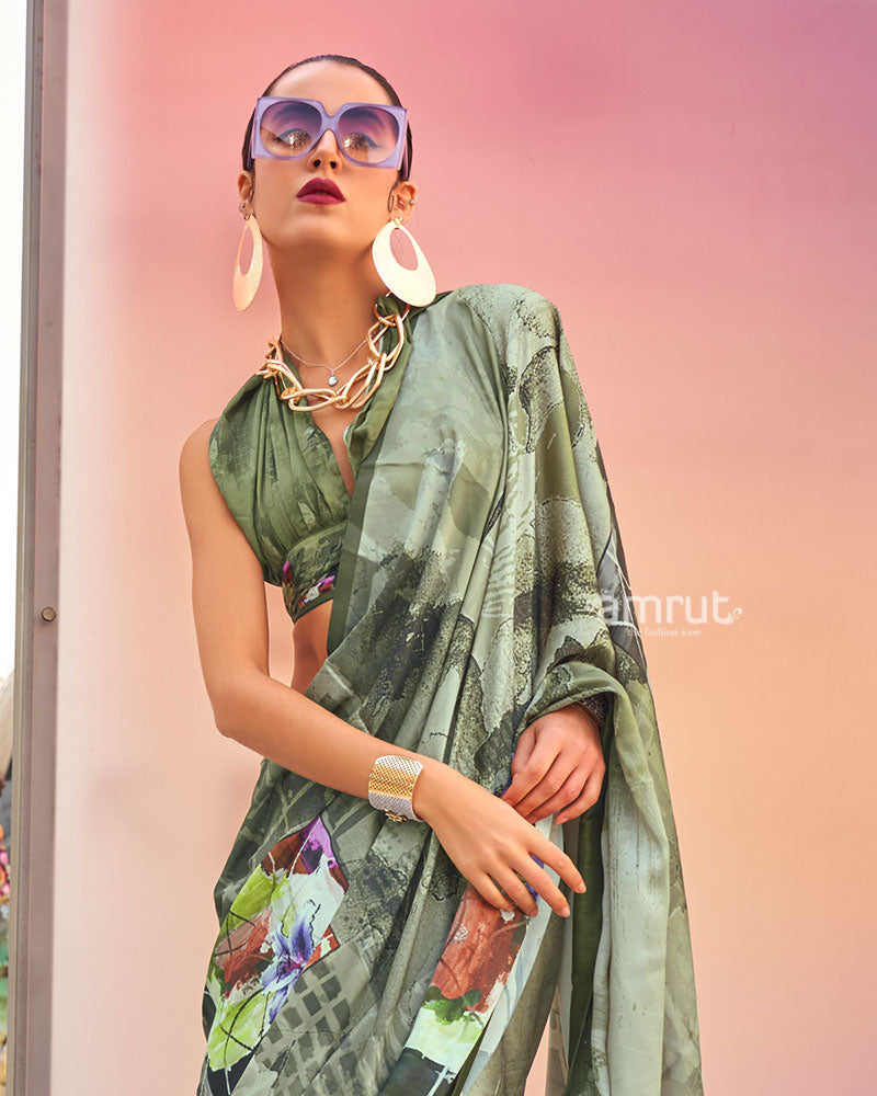 Olive Green Digital Print Satin Saree with Unstitched Blouse 02