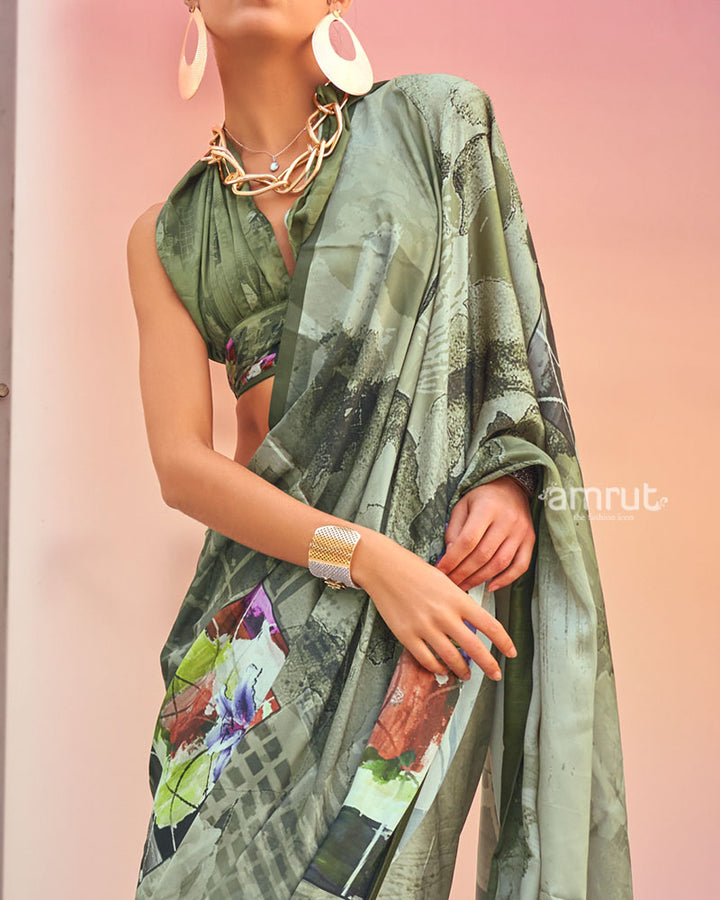 Olive Green Digital Print Satin Saree with Unstitched Blouse 03