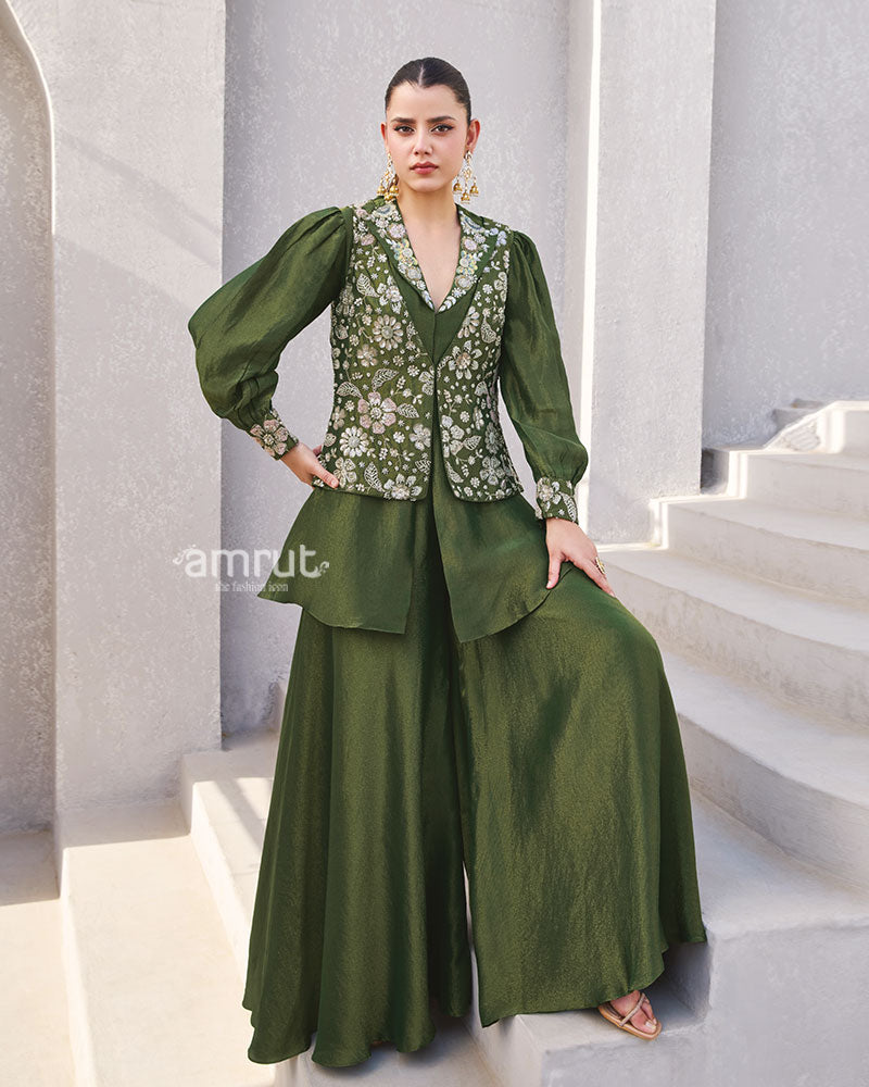 Olive Green Embroidered Co-Ord Set with Puff Sleeves 01