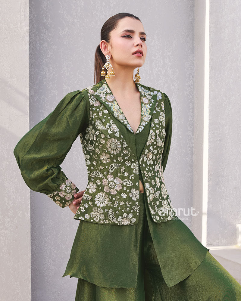 Olive Green Embroidered Co-Ord Set with Puff Sleeves 02