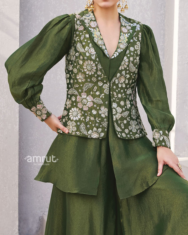 Olive Green Embroidered Co-Ord Set with Puff Sleeves 03