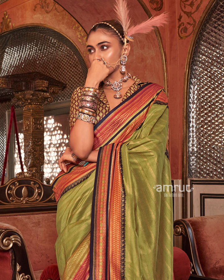 Olive Green Kanjivaram Silk Saree with Unstitched Blouse 02