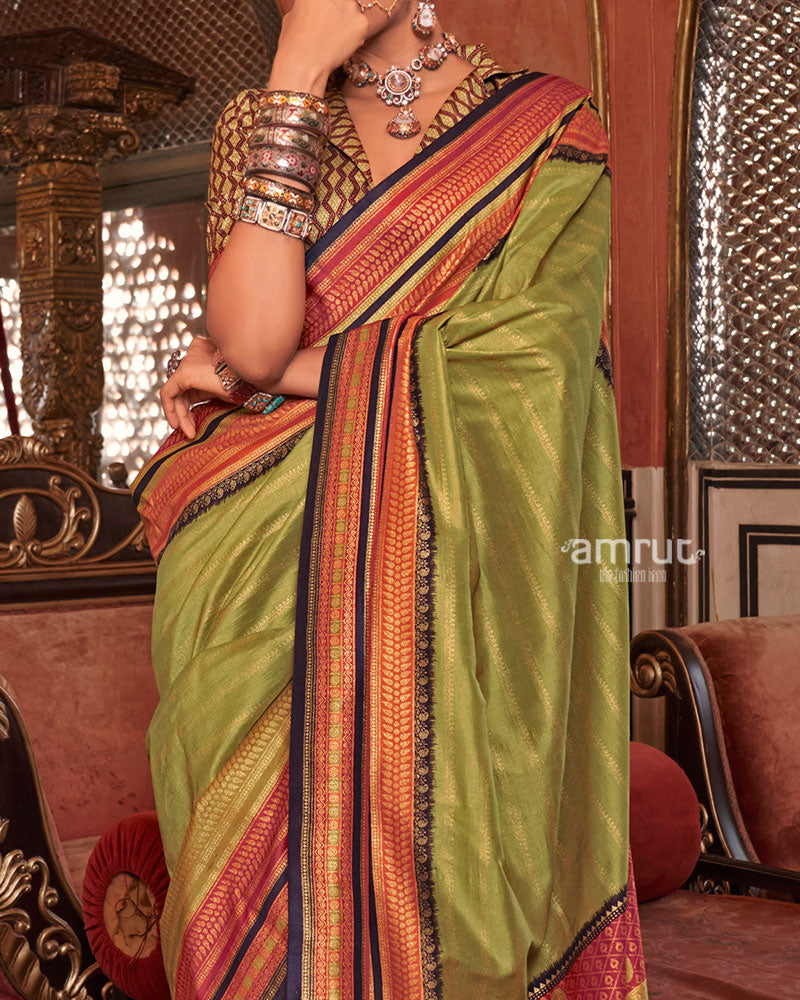 Olive Green Kanjivaram Silk Saree with Unstitched Blouse 03