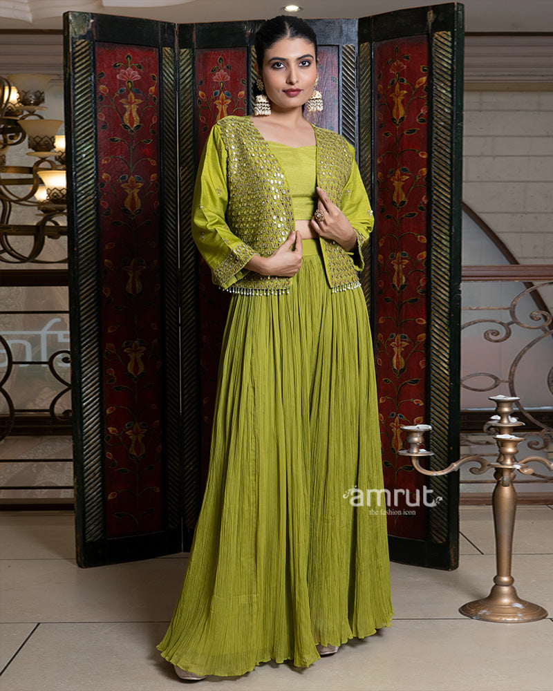 Olive Green Palazzo Set with Mirror Embellished Jacket 01