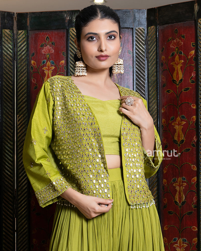 Olive Green Palazzo Set with Mirror Embellished Jacket 02