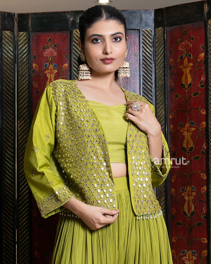 Olive Green Palazzo Set with Mirror Embellished Jacket 02