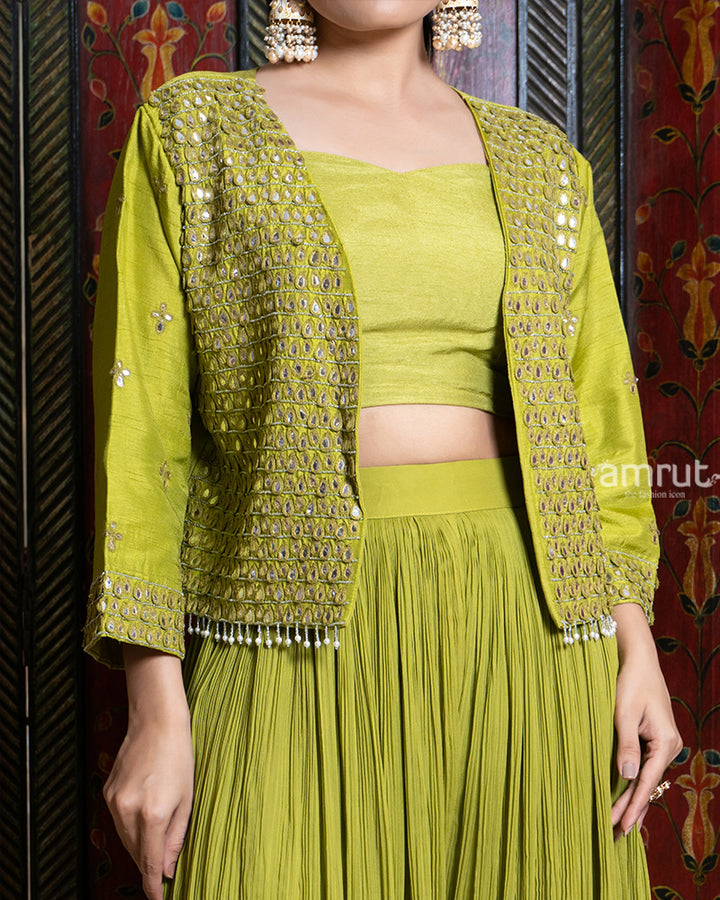 Olive Green Palazzo Set with Mirror Embellished Jacket 03