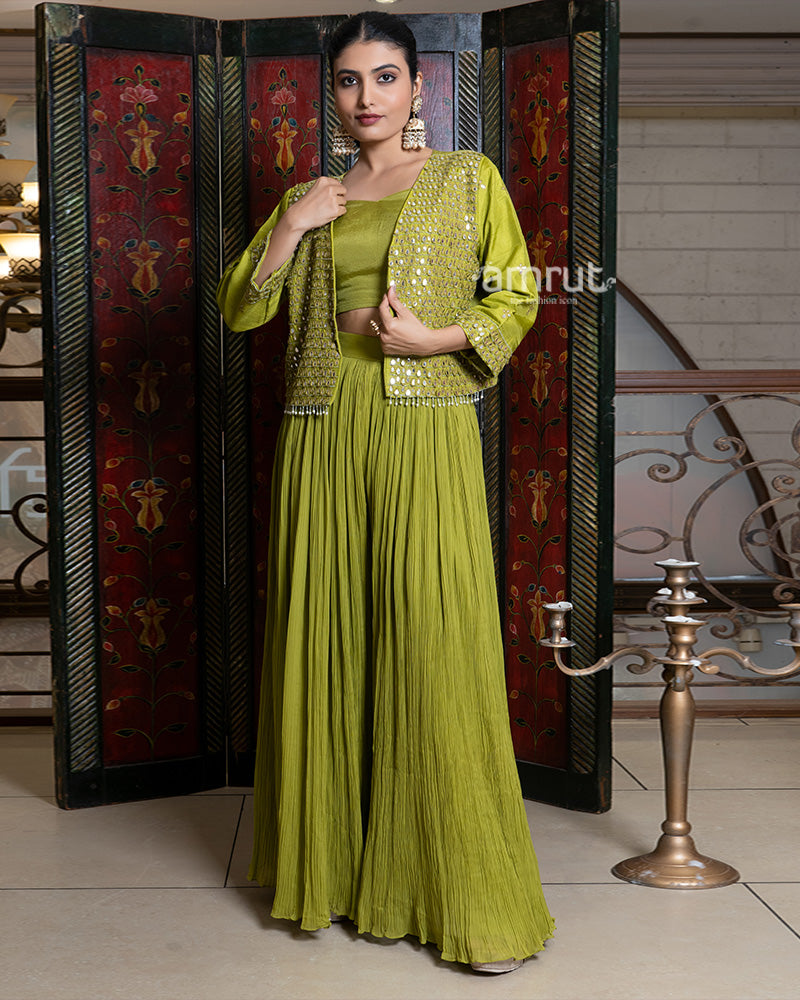 Olive Green Palazzo Set with Mirror Embellished Jacket 04