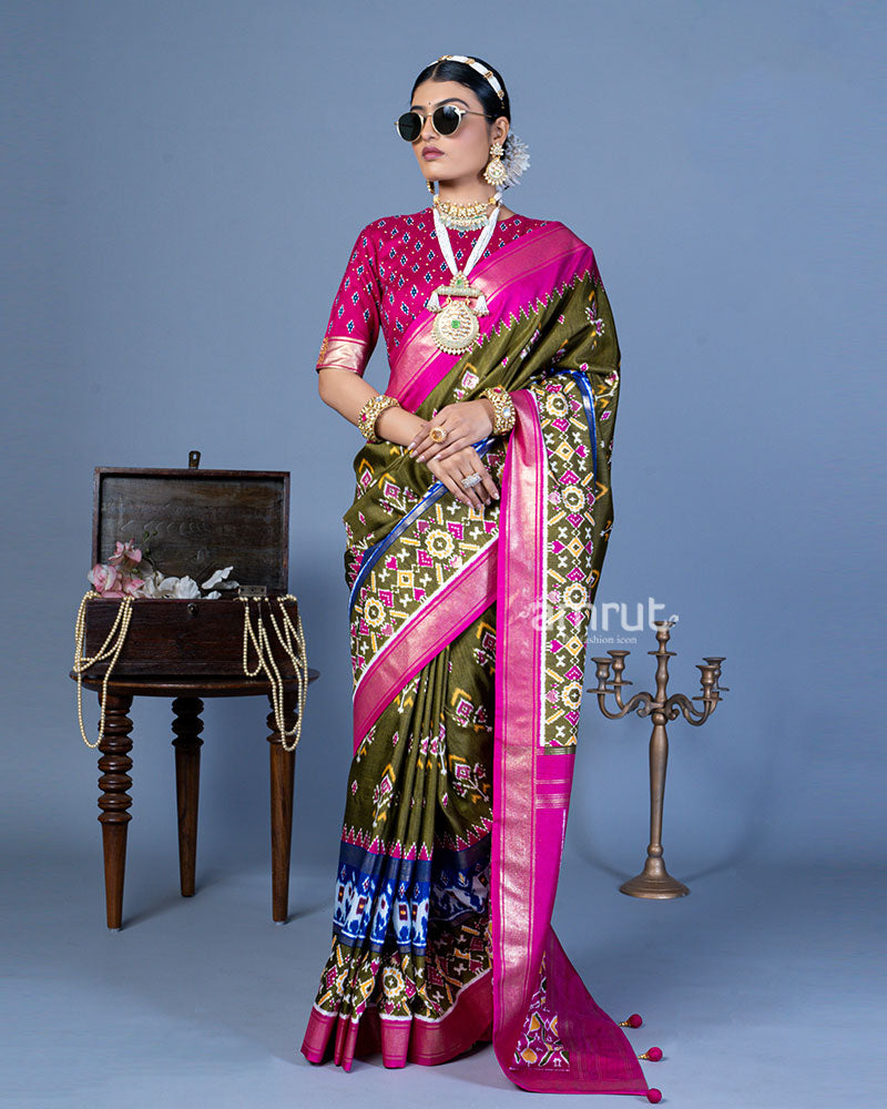 Olive Green Patola Printed Viscose Silk Saree with Pink Border and Unstitched Blouse 01