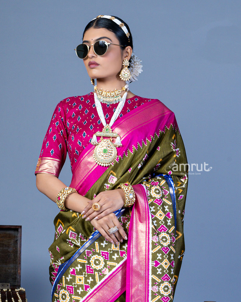 Olive Green Patola Printed Viscose Silk Saree with Pink Border and Unstitched Blouse 02