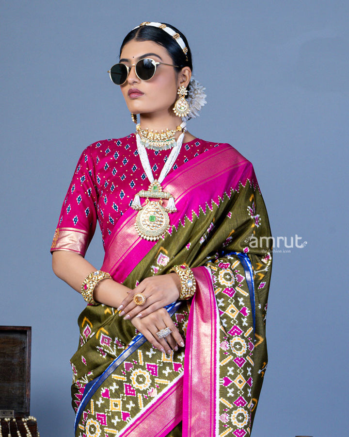 Olive Green Patola Printed Viscose Silk Saree with Pink Border and Unstitched Blouse 02