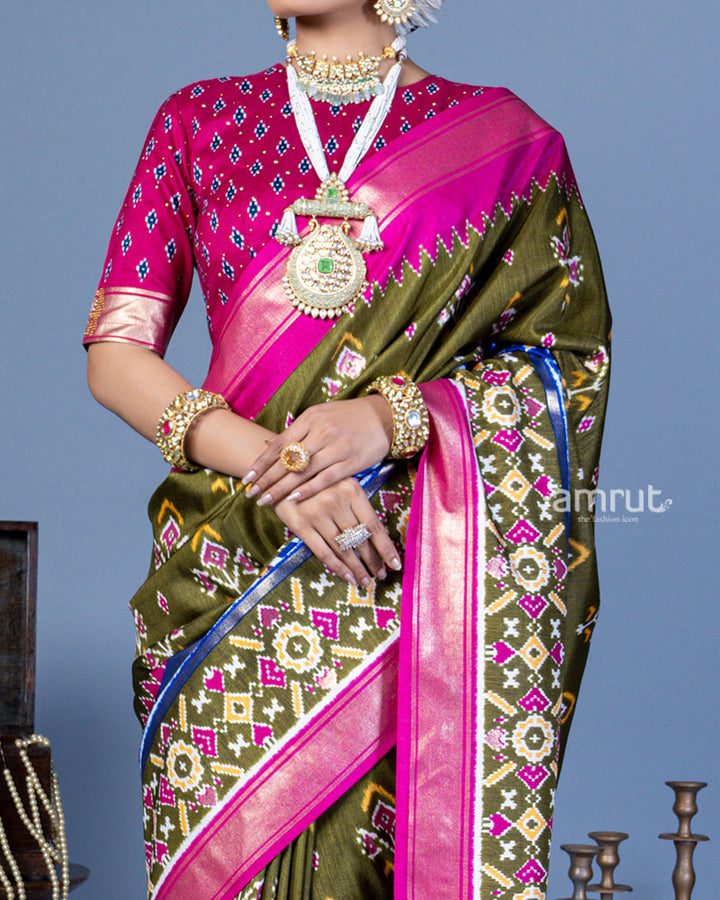 Olive Green Patola Printed Viscose Silk Saree with Pink Border and Unstitched Blouse 03