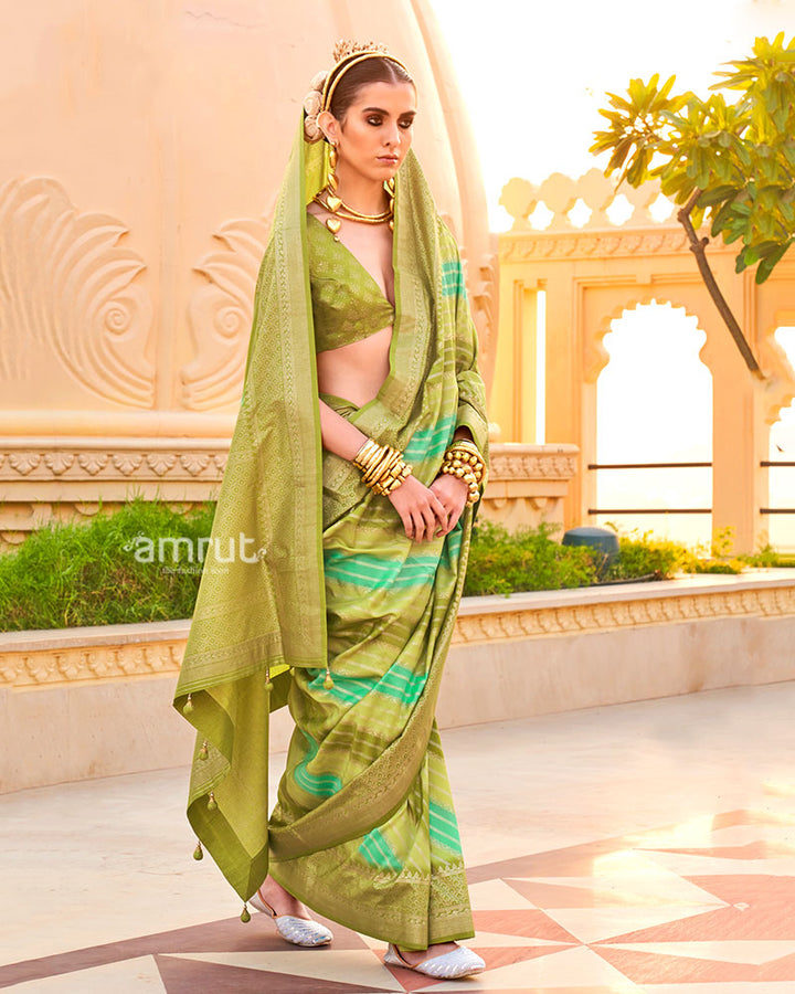 Olive Green Printed Silk Saree with Unstitched Blouse 001