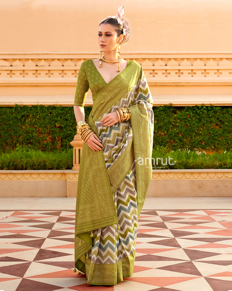 Olive Green Printed Silk Saree with Unstitched Blouse 01