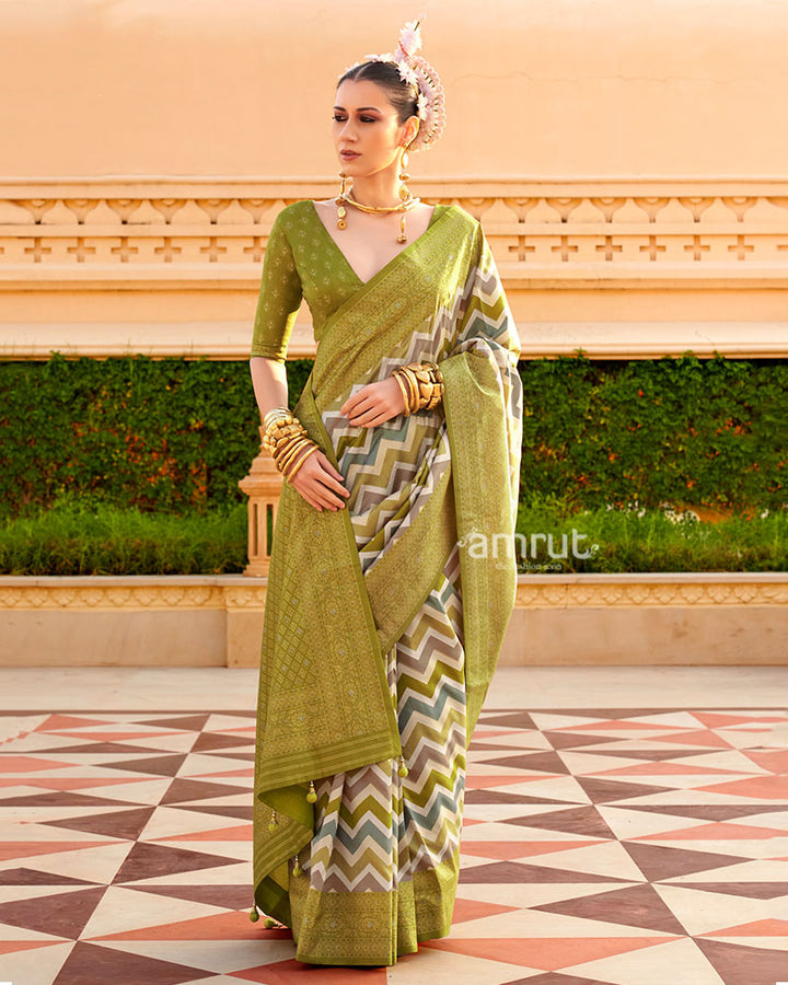 Olive Green Printed Silk Saree with Unstitched Blouse 01