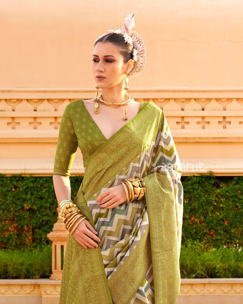 Olive Green Printed Silk Saree with Unstitched Blouse 02
