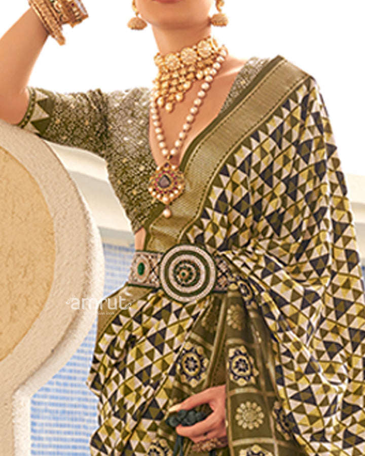 Olive Green & White Geometric Printed Embellished Zari Border Silk Saree with Unstitched Blouse 03