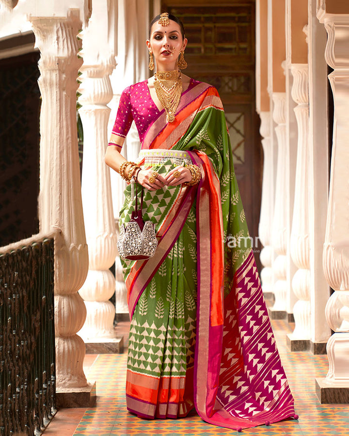 Olive Green Zari Embellished Borders Silk Saree with Unstitched Blouse 01