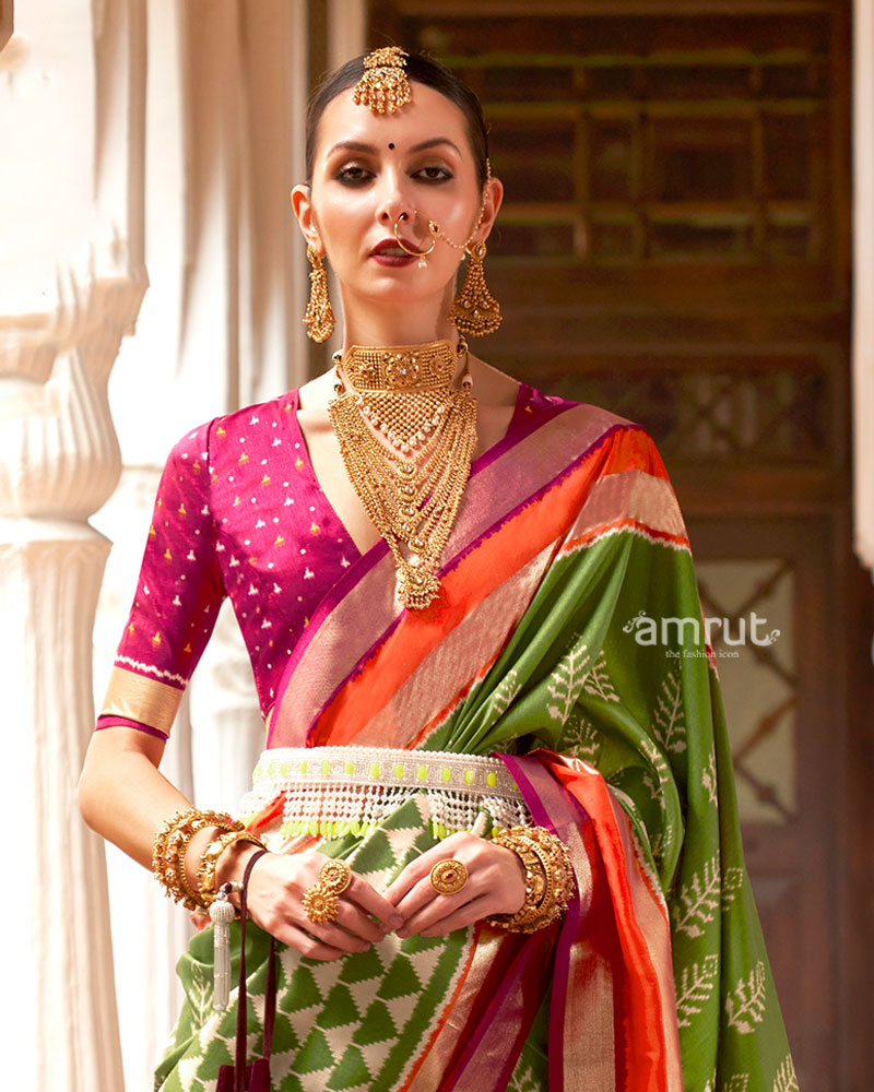 Olive Green Zari Embellished Borders Silk Saree with Unstitched Blouse 02