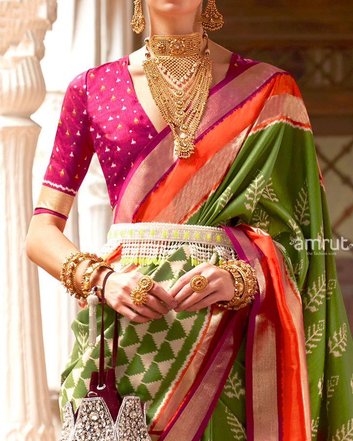 Olive Green Zari Embellished Borders Silk Saree with Unstitched Blouse 03