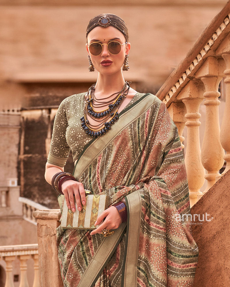 Olive Green Zari weaving Silk Saree with Unstitched Blouse 02