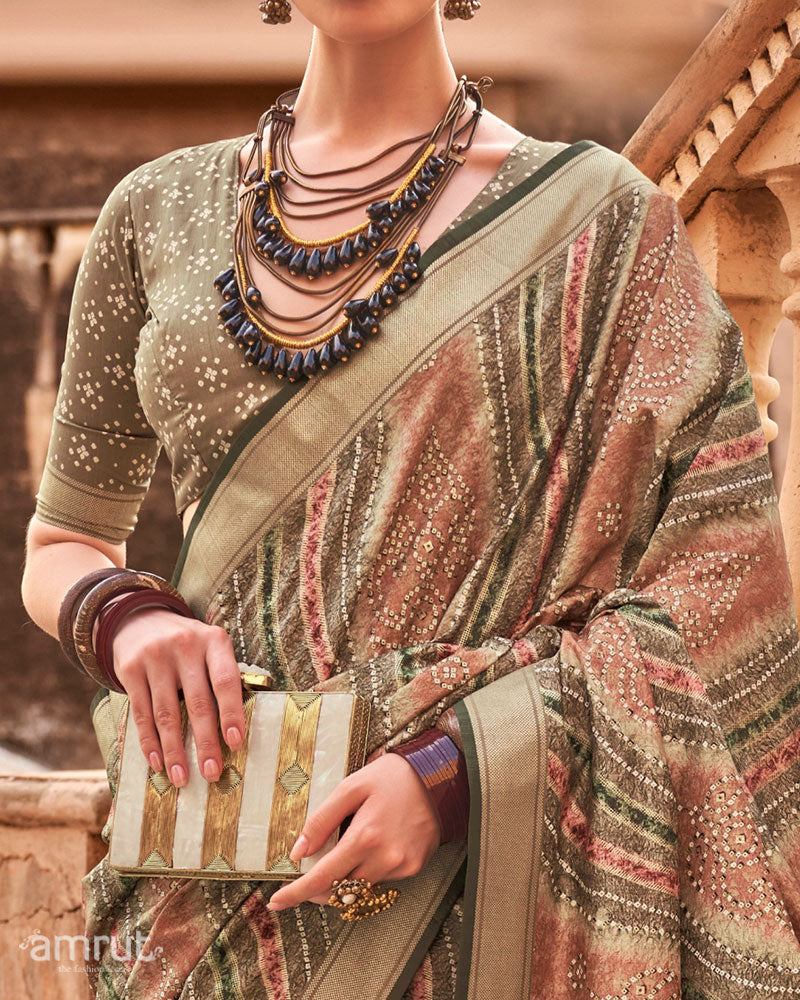Olive Green Zari weaving Silk Saree with Unstitched Blouse 03
