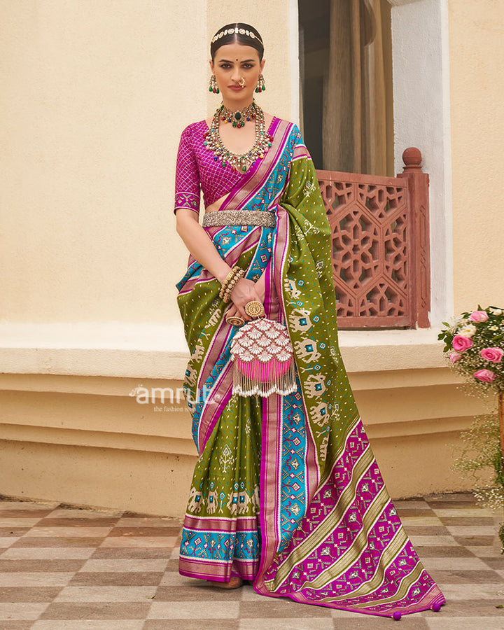 Olive Green and Pink Ethnic Printed Patola Silk Saree with Unstitched Blouse 01