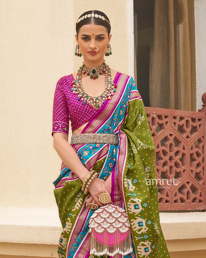 Olive Green and Pink Ethnic Printed Patola Silk Saree with Unstitched Blouse 02