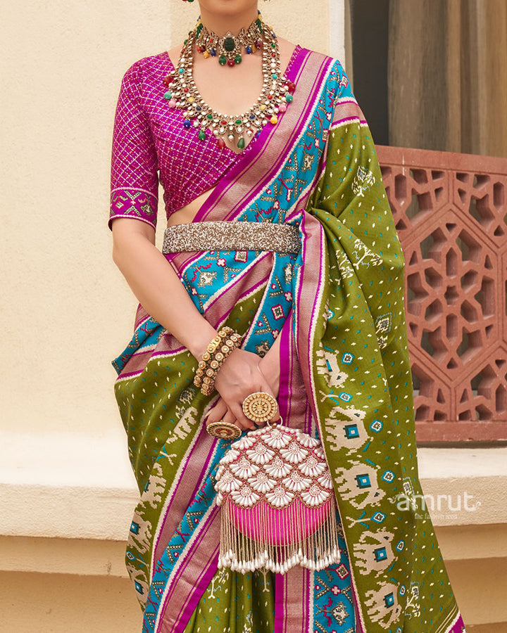 Olive Green and Pink Ethnic Printed Patola Silk Saree with Unstitched Blouse 03