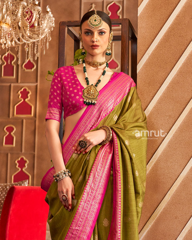 Olive Green and Pink Foil Printed Patola Saree with Unstitched Blouse 02
