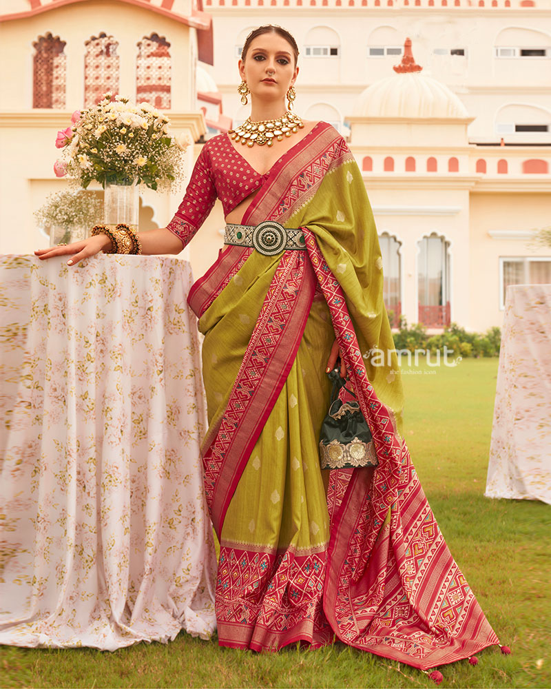 Olive Green and Red Border Silk Saree with Unstitched Blouse and Belt 01