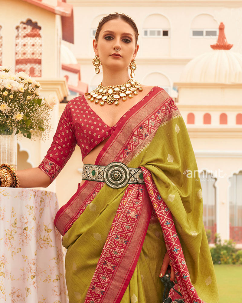 Olive Green and Red Border Silk Saree with Unstitched Blouse and Belt 02