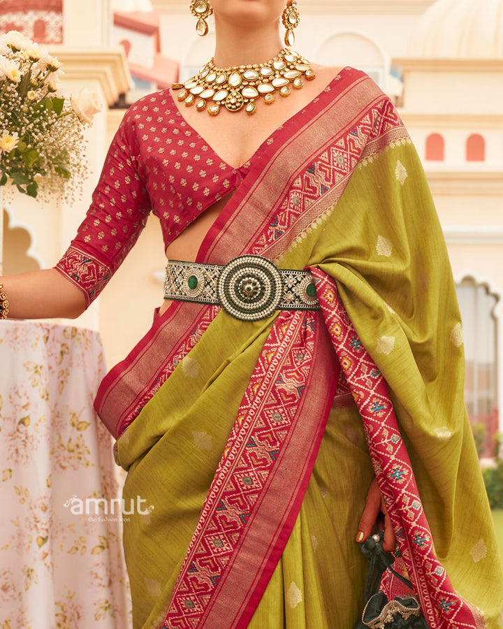 Olive Green and Red Border Silk Saree with Unstitched Blouse and Belt 03