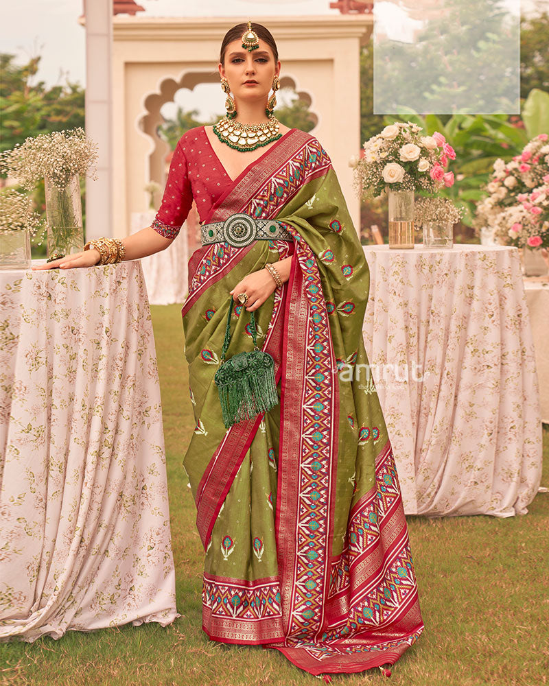 Olive Green and Red Printed Patola Silk Saree with Zari Border and Unstitched Blouse 01