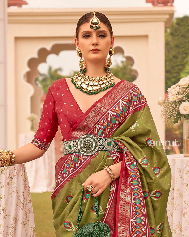 Olive Green and Red Printed Patola Silk Saree with Zari Border and Unstitched Blouse 02