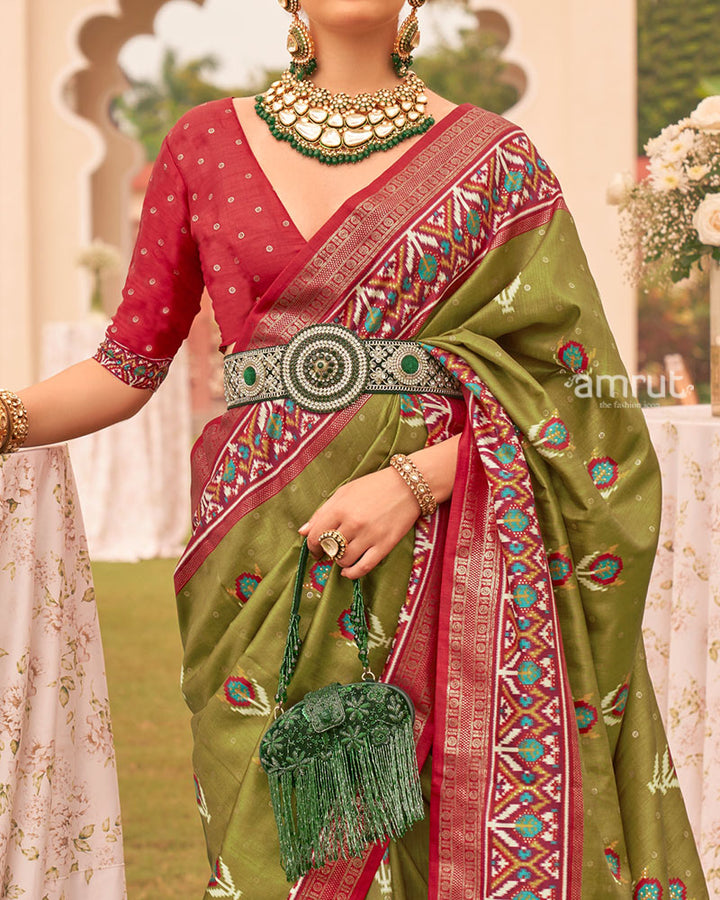 Olive Green and Red Printed Patola Silk Saree with Zari Border and Unstitched Blouse 03
