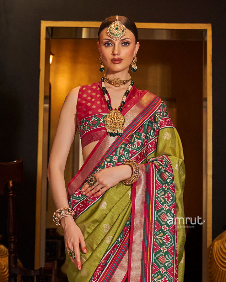 Olive Green and Red and Green Printed Border Traditional Saree with Unstitched Blouse 02