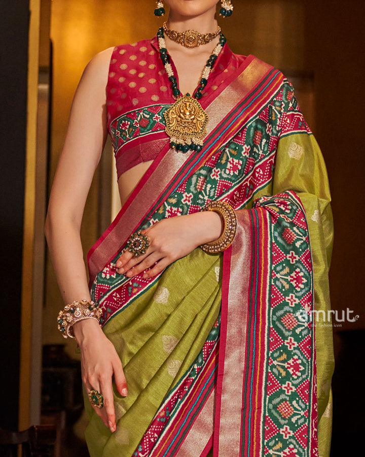 Olive Green and Red and Green Printed Border Traditional Saree with Unstitched Blouse 03