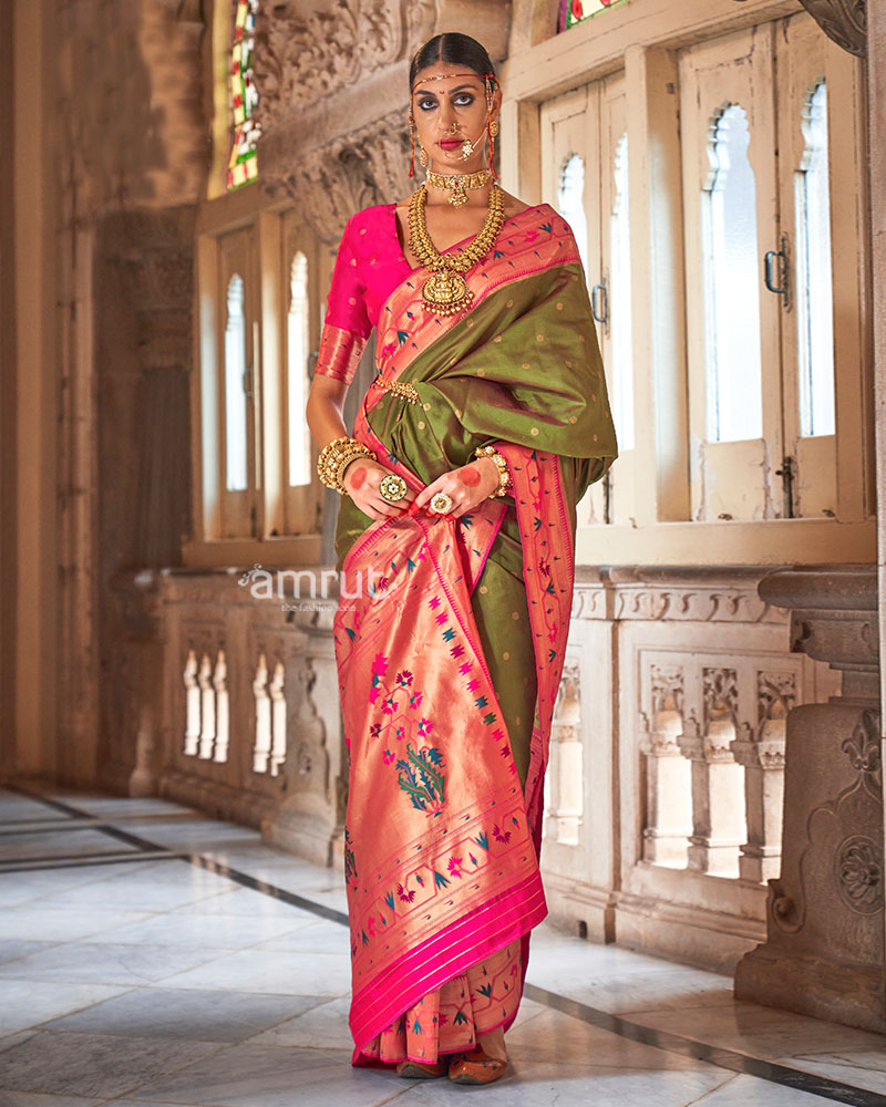 Olive Green with Pink Zari Border Paithani Silk Saree and Unstitched Blouse 01