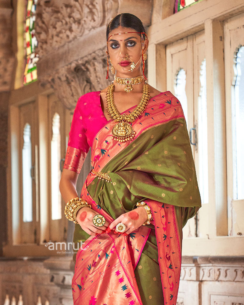 Olive_Green_with_Pink_Zari_Border_Paithani_Silk_Saree_and_Unstitched_Blouse_02