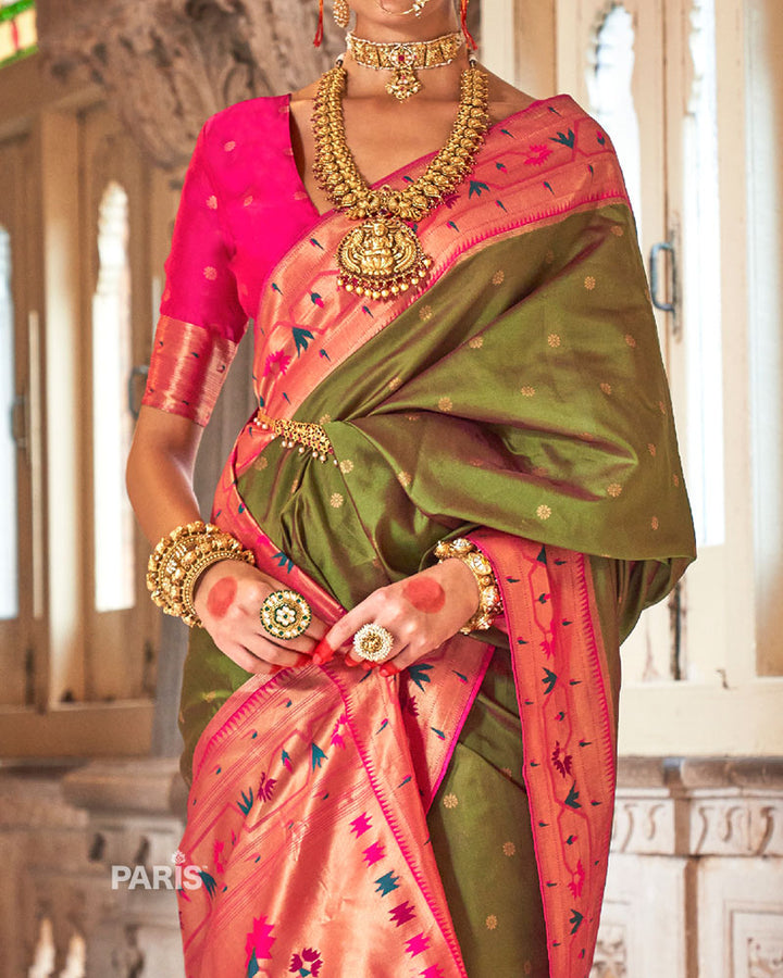 Olive_Green_with_Pink_Zari_Border_Paithani_Silk_Saree_and_Unstitched_Blouse_03