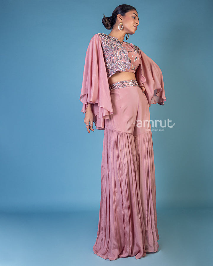 Onion Pink Georgette Embroidered Crop-Top Sharara Suit