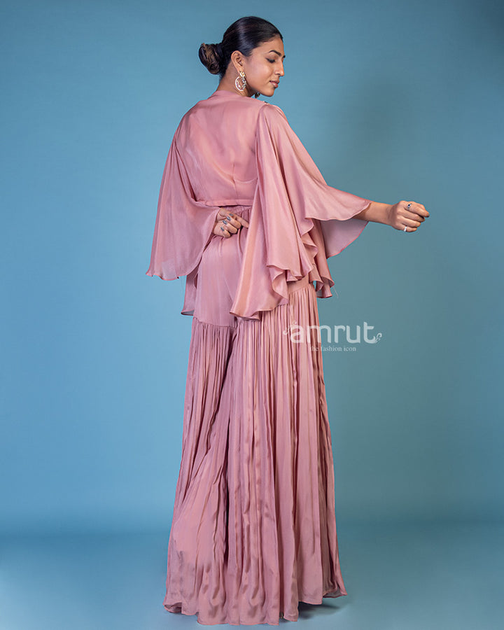 Onion Pink Georgette Embroidered Crop-Top Sharara Suit