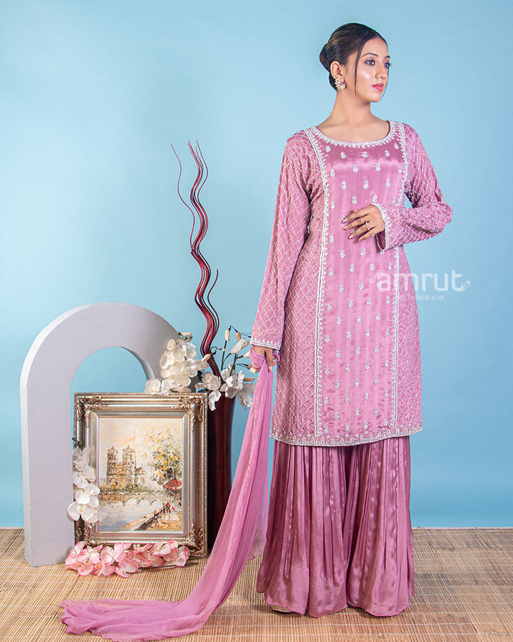 Onion Pink Georgette Embroidered Sharara Suit With Dupatta