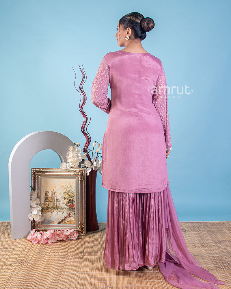 Onion Pink Georgette Embroidered Sharara Suit With Dupatta