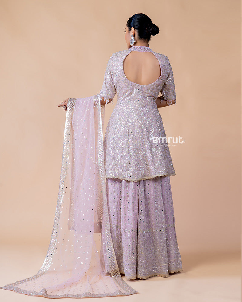 Onion Pink Palazzo with Kediya Style Kurta and Net Dupatta