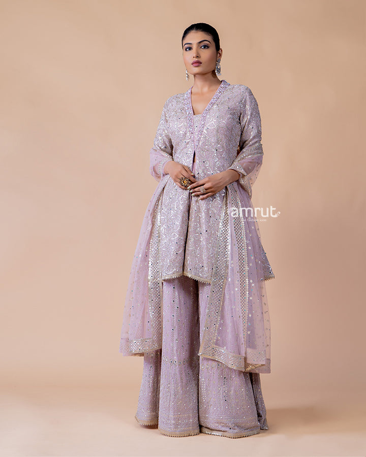 Onion Pink Palazzo with Kediya Style Kurta and Net Dupatta