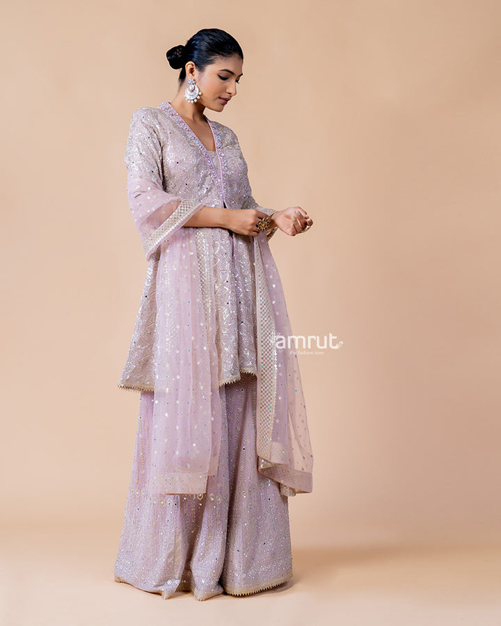 Onion Pink Palazzo with Kediya Style Kurta and Net Dupatta